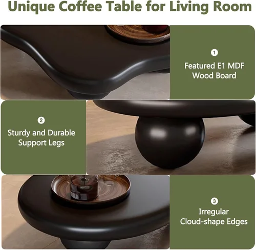 Vista 5 de Mesa de Centro Cloud para Sala de Estar con Esquinas Redondeadas, Mesa Central de Estilo Moderno con 3 Patas en Forma de Pelota, Mesa de Té