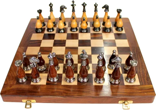 Vista 2 de StonKraft 14 x 14; juego de tablero de ajedrez plegable de madera coleccionable + piezas de figuras de Staunton de latón