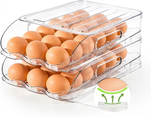 Vista 9 de SMRCAD Soporte para Huevos para Refrigerador, Dispensador de Huevos con Rodamiento Estable Automático con Parachoques de Silicona y Asa para Nevera