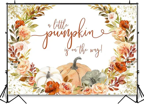 Vista 3 de Avezano Fondo con texto en inglés "A Little Pumpkin is On The Way" con tema de calabaza, decoración de fiesta de baby shower, sesión de fotos, fondo
