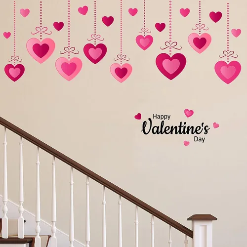 Vista 4 de Calcomanías de pared rosa para el día de San Valentín, calcomanías colgantes de corazón para despegar y pegar, decoración romántica de pared