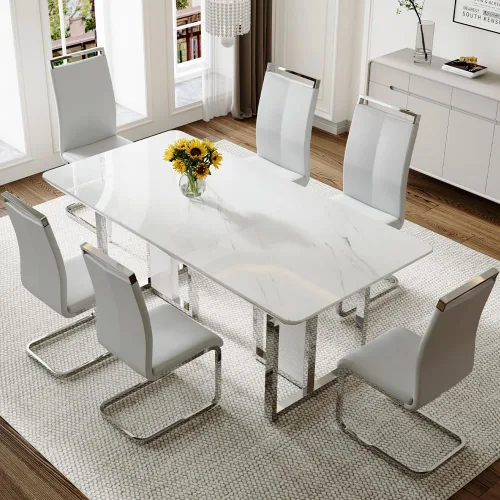 Vista 15 de Juego de mesa de comedor de mármol blanco de 63" para 6 Sillas negras 1