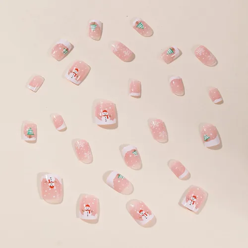 Vista 3 de Uñas postizas cuadradas a presión de Navidad, uñas postizas medianas de copos de nieve, uñas acrílicas a presión color rosa nude, cobertura Nude pink