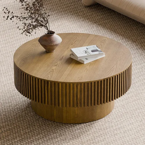 Vista 10 de Mesa de centro redonda acanalada de 31.49 pulgadas para sala de estar, mesa de café moderna de mediados de siglo con pedestal resistente, mesa