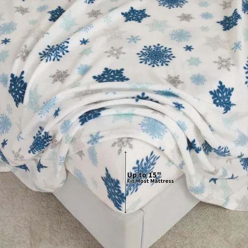 Vista 4 de Viviland Juego de sábanas de micro polar para cama tamaño King, sábanas ajustadas tipo franela para Navidad con bolsillo de 15" de profundidad, Copo