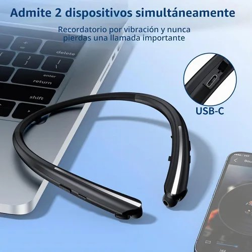 Vista 4 de Auriculares Bluetooth inalámbricos con banda para el cuello, auriculares retráctiles automáticos con 24 horas de reproducción, auriculares