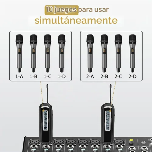 Vista 8 de TONOR 4 micrófonos inalámbricos con receptor recargable, micrófonos inalámbricos UHF de 4 x 10 canales con control de volumen, sistema de micrófono