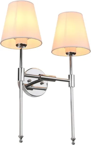 Vista 7 de PERMO Lámpara de pared doble clásica cromada 2 luces con pantalla de tela blanca acampanada para montaje en pared rústico