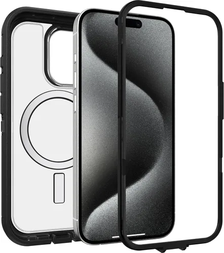 Vista 4 de OtterBox Funda transparente para iPhone 15 Pro (solamente) Defender Series XT, lado oscuro (negro/transparente), sin pantalla, resistente, se ajusta