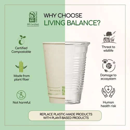 Vista 8 de Living Balance - Tazas de café compostables certificadas con tapas, 12 onzas, paquete de 100 con agitadores y mangas integradas, resistentes