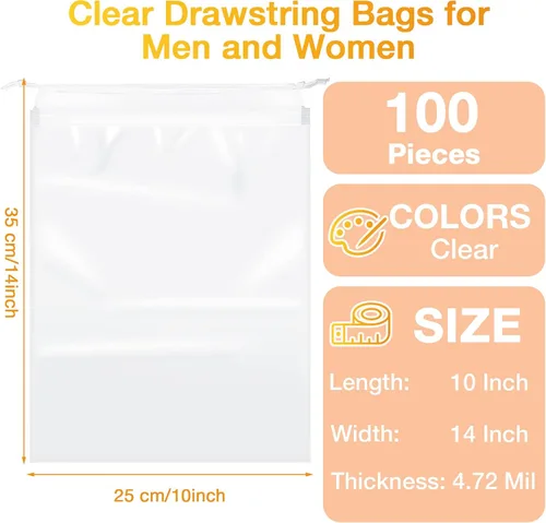 Vista 2 de Paquete de 100 bolsas de zapatos para viajes de 10 x 14 pulgadas, grandes bolsas transparentes para zapatos, bolsas transparentes con cordón, bolsas