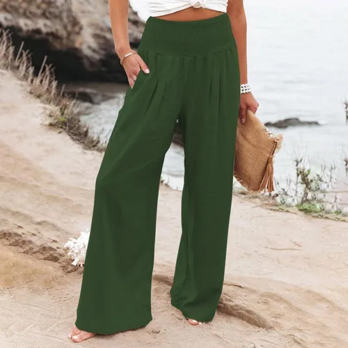 Vista 5 de oliwex Pantalones palazzo casuales de pierna ancha para mujer, pantalones palazzo de cintura alta para mujer, casuales con bolsillos