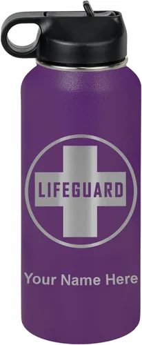 Vista 46 de LaserGram Botella de agua personalizada, salvavidas, acero inoxidable de doble pared aislada al vacío con popote superior, regalo grabado Negro