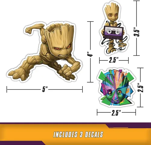 Vista 3 de Marvel Guardianes de la Galaxia Groot Calcomanías – Juego de 3 calcomanías de vinilo para coche, laptop, computadora, monopatín, calcomanías