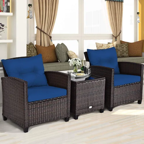 Vista 12 de Moderno juego de muebles de mimbre beige de 3 piezas para patio con cojines resistentes al agua y mesa de vidrio templado