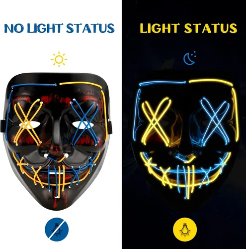 Vista 3 de Máscara de Halloween con luz LED, máscara de miedo de purga con alambre EL, para cosplay, fiestas de disfraces, fiestas de disfraces para niños