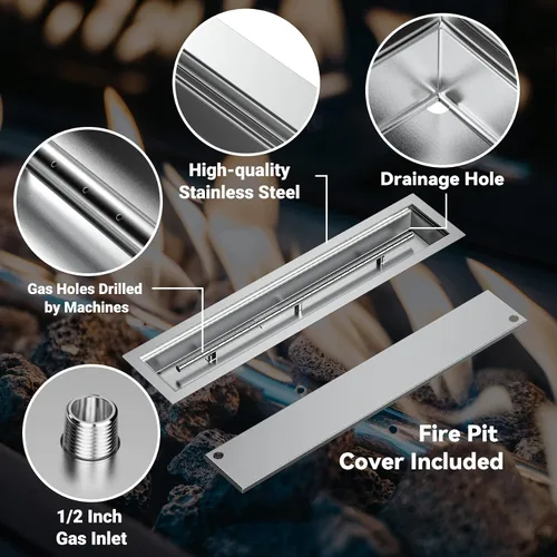 Vista 3 de Skyflame Kit de sartén lineal de acero inoxidable para hogueras y protector contra viento de vidrio para hogueras de 36 x 11.5 pulgadas