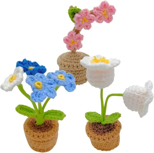 Vista 5 de JOONOR 3 mini plantas de ganchillo en maceta de girasol, flor de ciruelo falsa de punto para baño, hogar, cocina, mesa rústica, centro de mesa