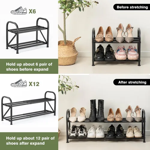 Vista 6 de Zapatero de 2 niveles para armario, zapatero expandible de 16 a 33 pulgadas, ajustable para entrada, armario, puerta, metal resistente, color negro