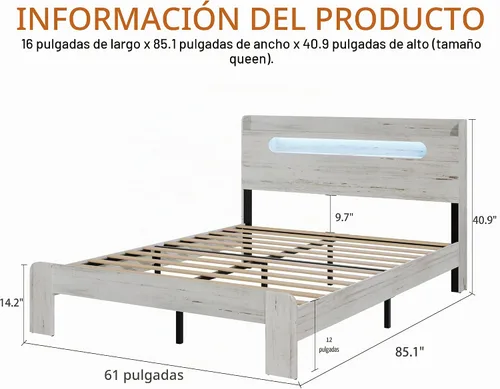 Vista 2 de Base de cama de madera tamaño Queen con cabecera de almacenamiento Blanco Boho