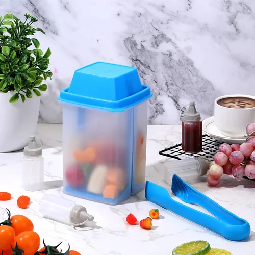 Vista 5 de Contenedor de pepinillos con colador, 2 recipientes de jalapeño de 40.5 onzas con pinzas, 4 botellas de salsa, tarro grande de plástico para Azul