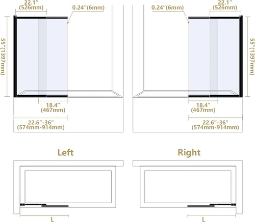 Vista 7 de Puerta corrediza de doble oscilación para bañera, puertas de ducha de vidrio templado sin marco de 22-36 x 55 pulgadas, panel de pantalla de baño