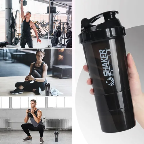 Vista 4 de Botella agitadora de proteínas, botella de agua deportiva, botella a prueba de fugas para mezclador de proteínas, antideslizante de 3 capas de 3