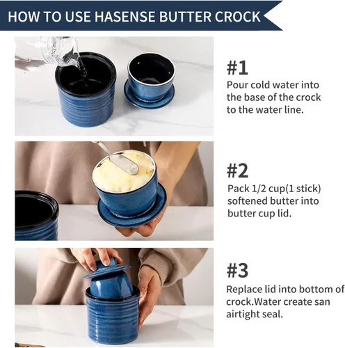 Vista 2 de HASENSE Vajilla de mantequilla de cerámica con tapa, plato de mantequilla para encimera con línea de agua, contenedor francés de mantequilla