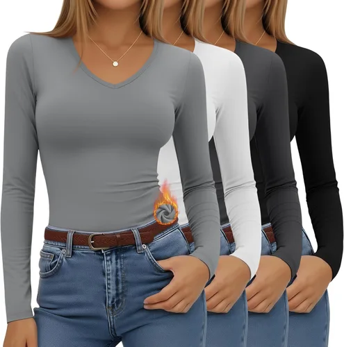 Vista 10 de Paquete de 4 camisas térmicas de manga larga para mujer, con forro polar, cuello en V, ropa interior ajustada, capa base, básica, tops cálidos