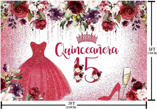 Vista 5 de Telón de fondo de feliz cumpleaños número 15 para niña, quinceañera, flores rojas burdeos, fondo de fotografía, corona roja, decoración de fiesta