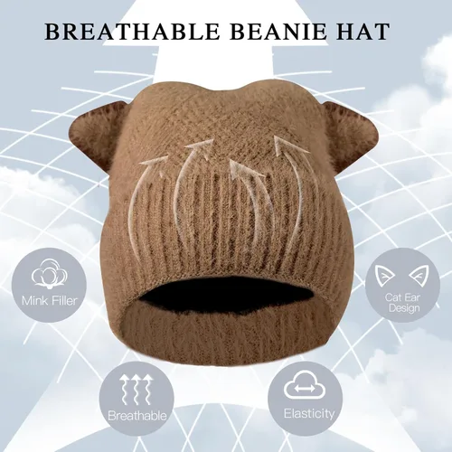 Vista 5 de Gorro de punto de invierno para mujer, guantes para pantalla táctil, bufandas, cálido y suave, con orejas de gato, gorras de calavera, bufandas