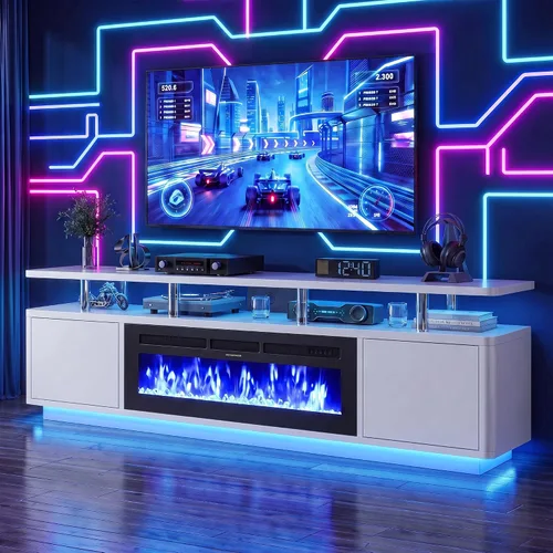 Vista 21 de oneinmil Soporte de TV con chimenea blanca de 70 pulgadas para sala de estar, centro de entretenimiento con chimenea eléctrica con luces LED dobles