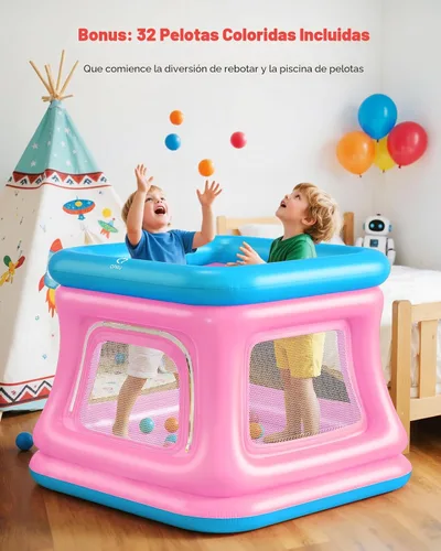 Vista 3 de QPAU - Casa inflable 3 en 1 con bomba para niños pequeños de 1 a 3 años Azul y rosa