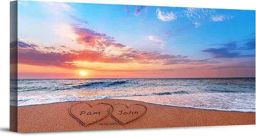 Vista 18 de Corazón y corazón en hermoso amanecer fotos personalizadas únicas o impresiones en lienzo con nombres de pareja y fecha especial en la playa, regalo