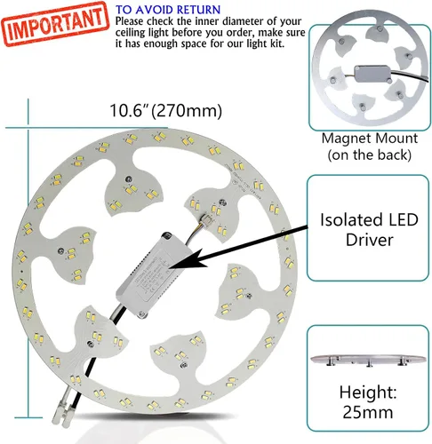 Vista 6 de Kit de luz de anillo de ventilador de techo de montaje empotrado LED de 24 W, panel de motor de luz LED de reajuste, 3 CCT: 3000K 4500K 6000K