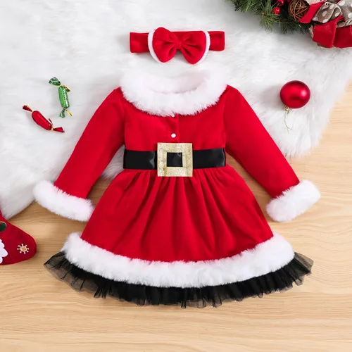 Vista 2 de KnniMorning TEES Vestido de Navidad rojo para niña pequeña, vestido de terciopelo de manga larga, vestido de Papá Noel, vestidos de invierno
