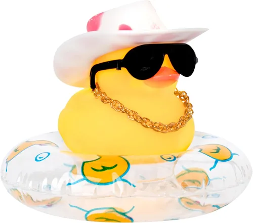 Vista 23 de wonuu Pato de goma para automóvil, decoración de pato amarillo con sombrero para el sol, anillo de natación, collar, gafas de sol para decoración