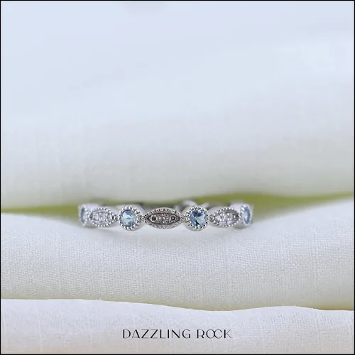 Vista 4 de Dazzlingrock Collection Alternating Round Gemstone with White Natural Diamond 7 Stone Stackable Wedding Band Ring for Women in 14K White Real Solid