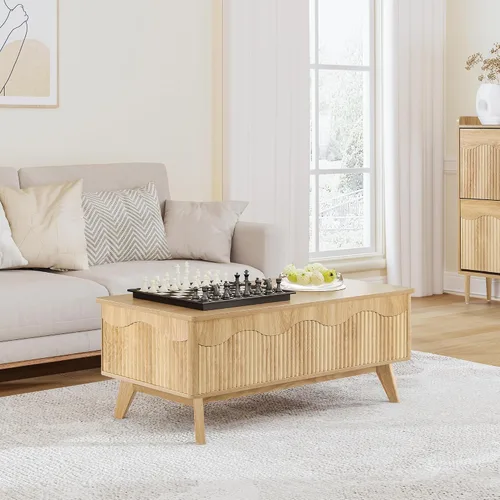 Vista 2 de BERRYMERRY Mesa de centro elevable con almacenamiento oculto, mesa de centro acanalada de granja con perfil ondulado, mesa central rectangular Roble