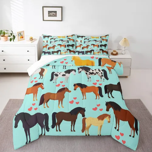 Vista 16 de Juego de edredón de vaquero individual, ropa de cama occidental para niños y hombres, ilustración dibujada a mano de caballo americano salvaje