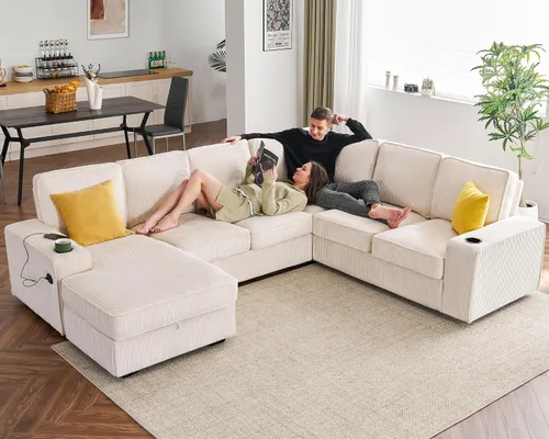 Vista 7 de PaPaJet Sofá en forma de U, sofá de gran tamaño de 112 pulgadas con diván de almacenamiento, sofá modular con portavasos y 2 puertos USB, sofá beige