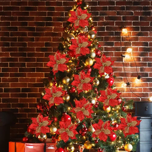 Vista 4 de Juego de 20 flores de pascua de 8.7 pulgadas de ancho, 3 capas de flores de Pascua rojas con purpurina, adornos para árbol de Navidad rojo, coronas