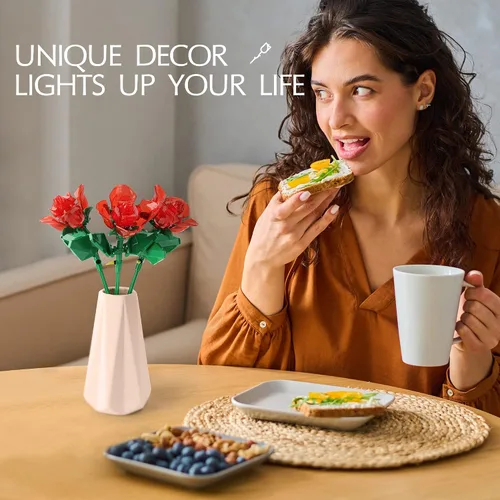 Vista 10 de Juego de construcción de ramo de rosas con luces, plantas artificiales, bonita colección botánica compatible, regalo para mujer