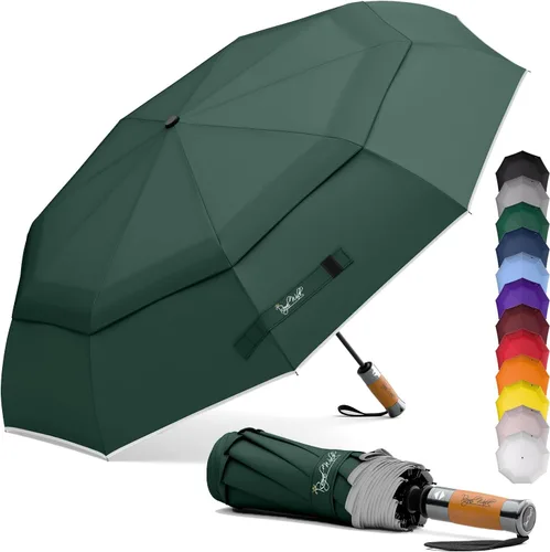 Vista 19 de Royal Walk Paraguas plegable resistente al viento, viaje compacto y fuerte, lujoso, mango de madera real, apertura y cierre automático, doble toldo