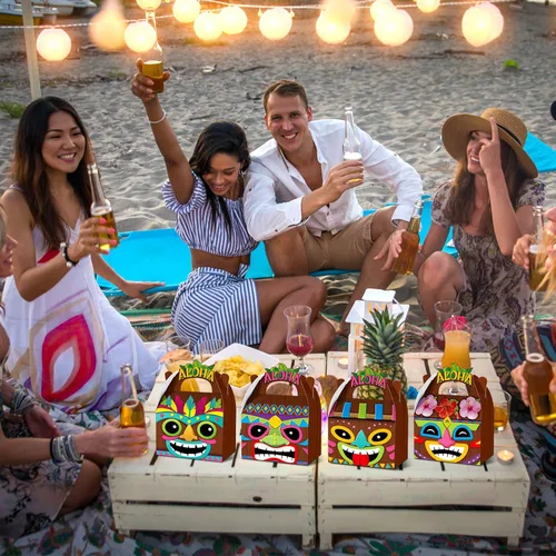 Vista 4 de Glenmal 12 cajas de fiesta hawaianas Aloha Tiki Luau con asas de verano para el festival Aloha Hawaiian y Luau suministros de fiesta