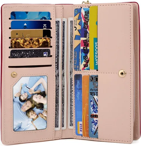 Vista 4 de UTO Cartera de piel sintética para mujer, de gran capacidad, colgante de gato, soporte para teléfono, organizador de chequera, con cremallera
