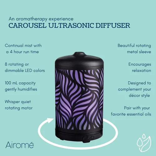 Vista 6 de Airome - Difusor ultrasónico de aceite esencial giratorio de 3.4 fl oz con luz LED, rotación de carrusel de 360, palma silvestre de metal negro