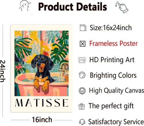 Vista 3 de Henri Matisse - Póster de pared con diseño de perro negro en la bañera, diseño vintage estético de animales, divertido arte de pared para baño