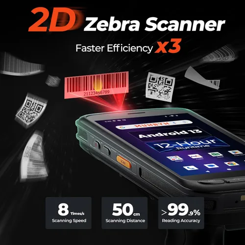 Vista 4 de MUNBYN Escáner de código de barras Android pantalla completa, computadora móvil 8000mAh, motor 1D/2D QR Zebra SE4710, portátil Android 13, PDA