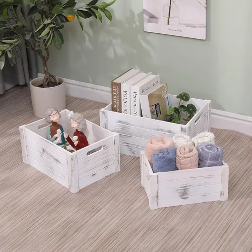 Vista 14 de Cajas modernas de madera blanca para almacenamiento, cajas decorativas rústicas, juego de 3 cajas de almacenamiento de madera extra grandes